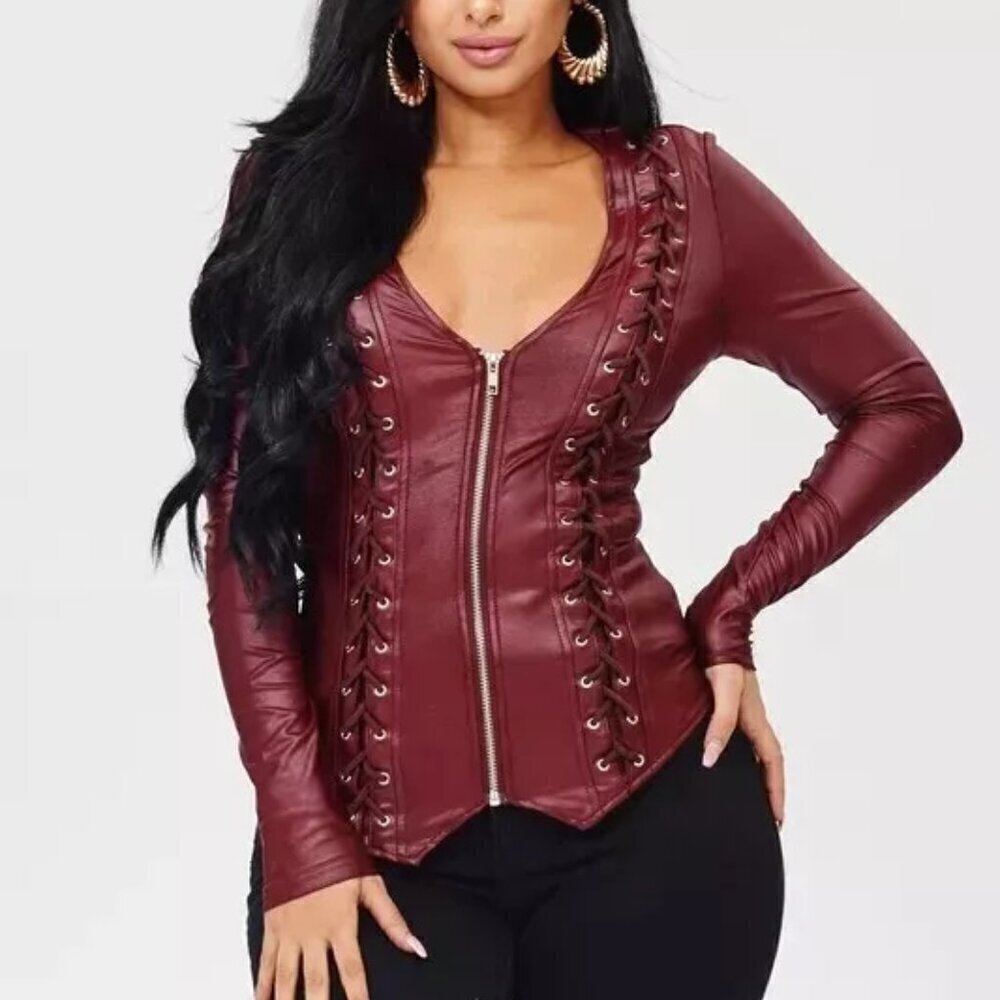 Faux Leather Lace Up Fitted Zip Front Long Sleeve Jacket Burgundy Juniors‎ Small